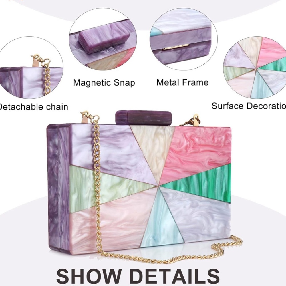 Glamorous Colorblock Multicolor Resin Reflective Turnlock Clutch Box Purse New - Picture 5 of 7